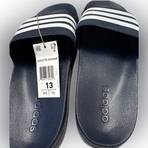 NWT size 13 Adidas adilette shower Dark Blue Slides with White Stripes